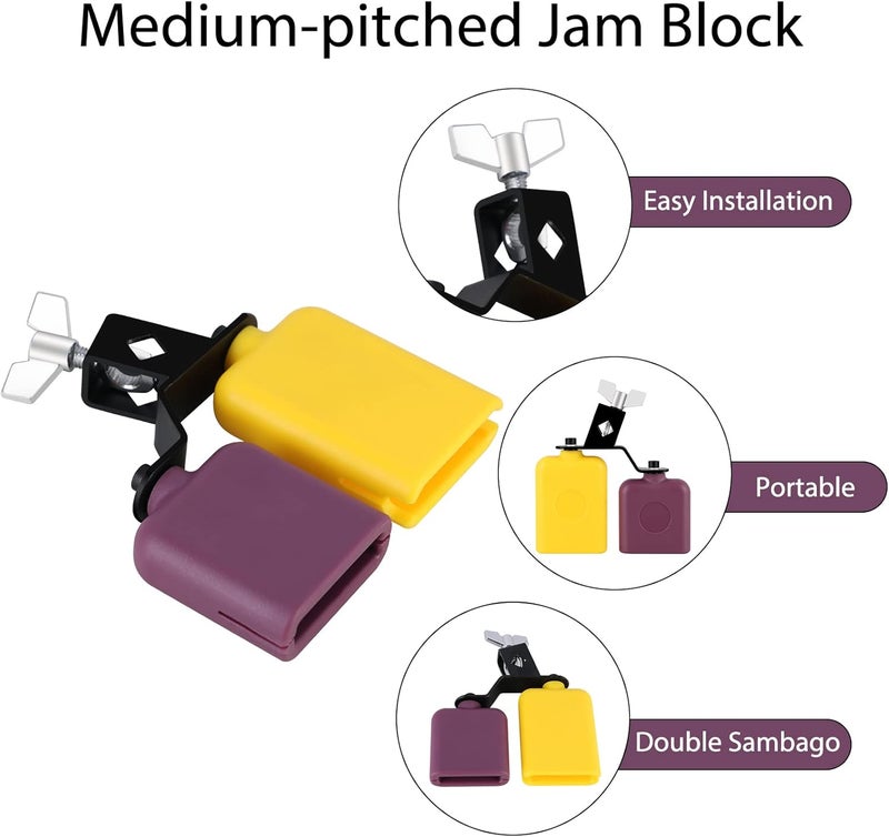 RANMING Jam Block Plastic Cow Bell Double Sambago Bell Jam Block for Band Practice Festival Performance,Latin Percussion Instrument Kit (Yellow-Purple) - Image 3